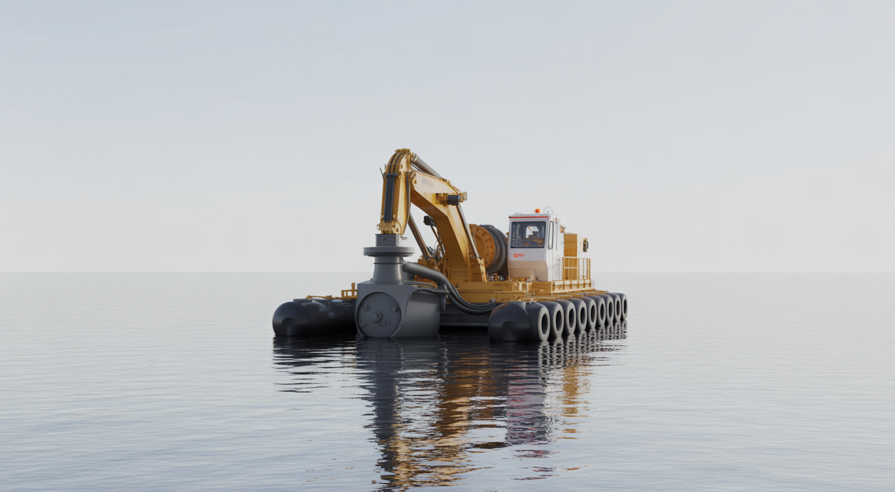Sand dredge operating on a river, removing sand and sediment from the waterbed